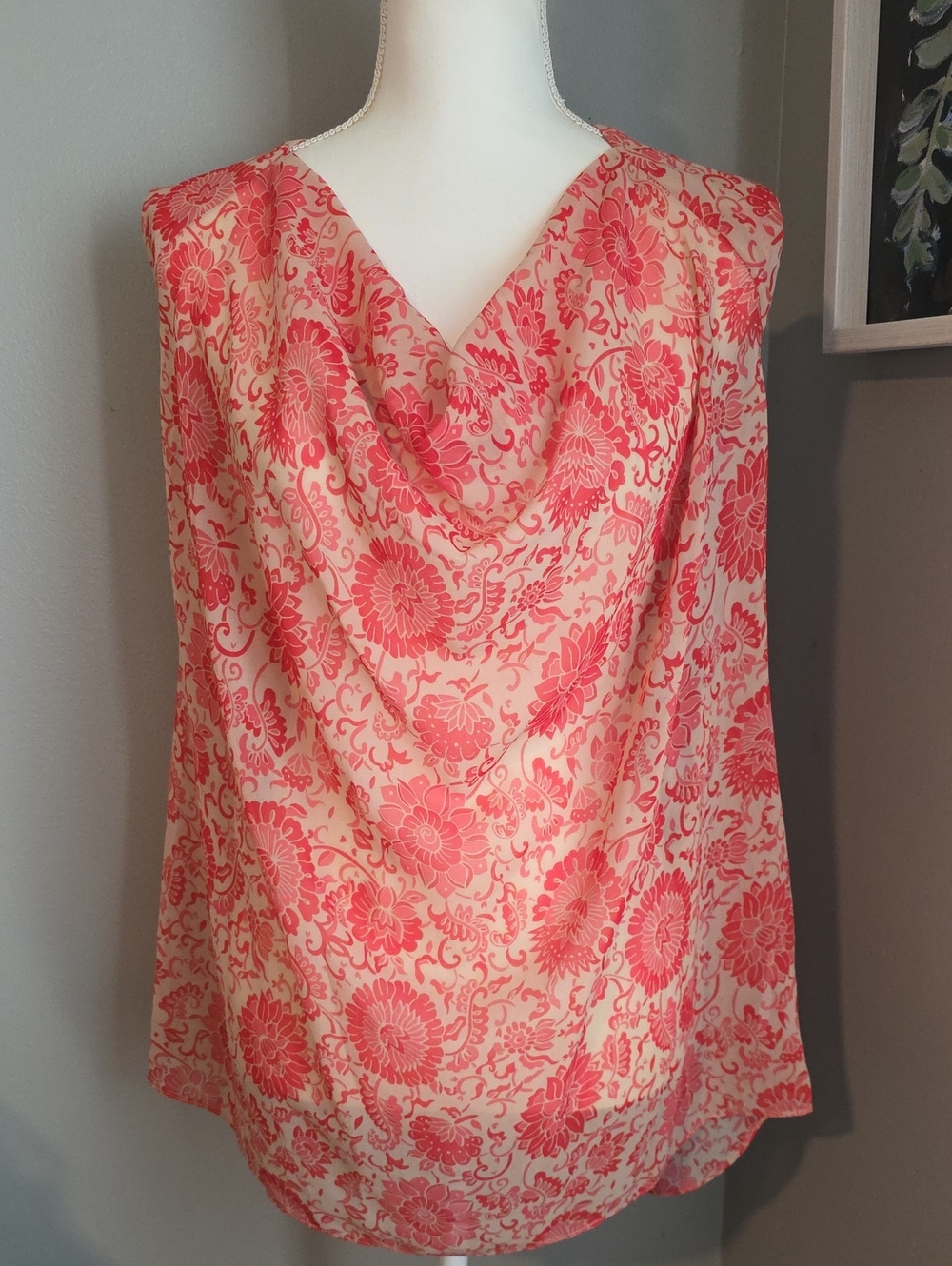 CAbi Vita Pink Floral Cowl Neck Sleeveless Sheer Top Size Medium